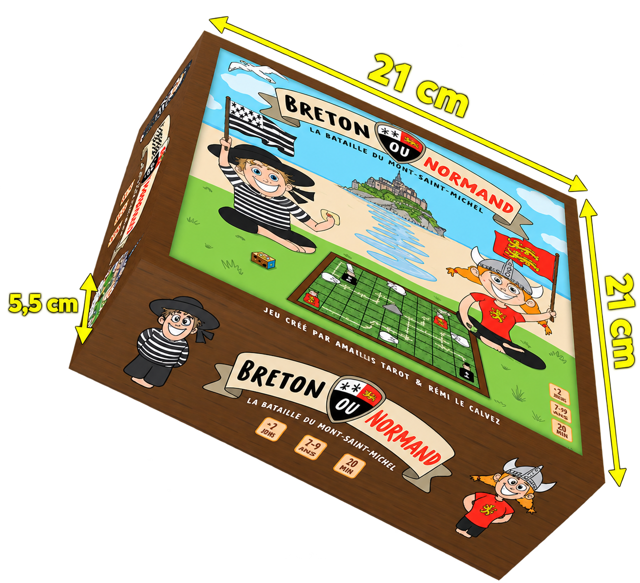Dimensions de la boîte du jeu Breton ou Normand : 21 × 21 × 5,5 cm